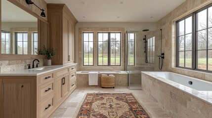 A stylish bathroom features a blend of natural materials and a neutral palette. Large windows provide ample light, highlighting the soft textures.