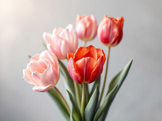 Fototapeta premium Bouquet of pink and red tulips against a neutral background, showcasing their delicate beauty.