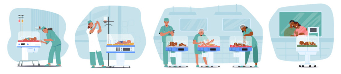 Medical staff treating, examining preterm baby and happy parents watching on newborn in incubator