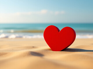 Fototapeta premium Red wooden heart on sandy beach with ocean waves and blue sky.