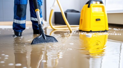 A person uses a wet vacuum to clean up water from a flooded floor, demonstrating effective water removal and restoration efforts.