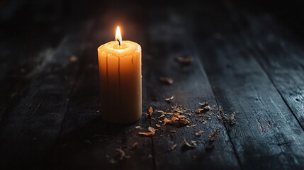 Burning candle illuminating dark wooden table with dried petals