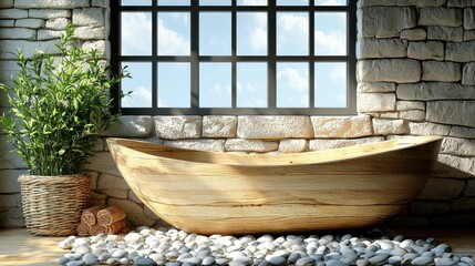 A beautifully designed bathroom featuring a wooden bathtub surrounded by stones, a plant, and stone walls, showcasing cozy and minimalist Japandi style.