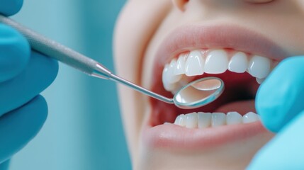 A close-up of a patient's mouth during a dental examination, showcasing healthy teeth and a dental mirror in use.