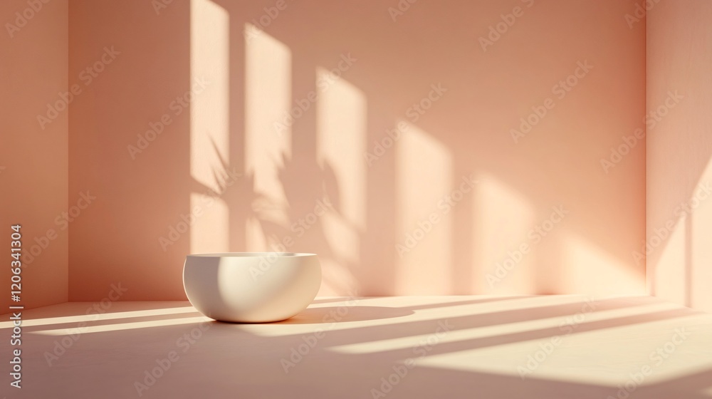 Poster Empty bowl displaying on pink surface with window shadow