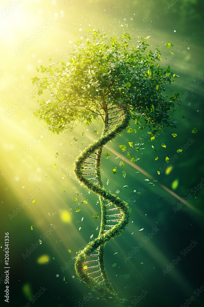 Poster tree spiraling in the air with a dna structure and sunlight illuminating the vibrant green leaves