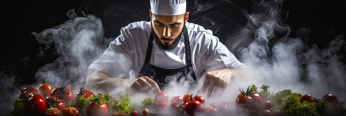Master chef creating culinary magic with fresh ingredients in a smoky kitchen. Generative AI