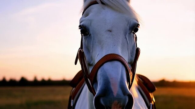 Horse Close-Up at sunset. The white horse with harness and bridle made of leather. Beautiful horse looking at the camera. The eyes, mane, muzzle, of the horse. Sun lens flare. slow motion