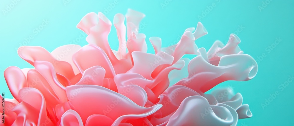 Wall mural abstract 3d render of flowing pink and white shapes against a light blue background, creating a smoo