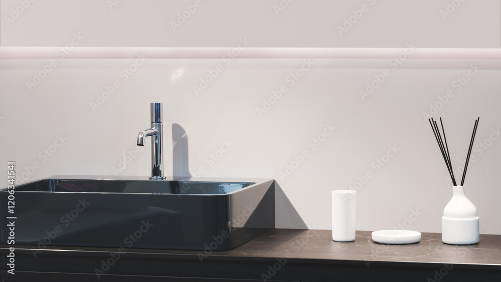 Poster a black sink is placed on a counter next to a white vase and a white cup. the sink is clean and shin