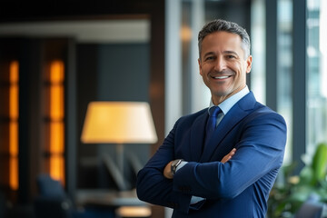 Fototapeta premium Happy middle aged business man ceo standing in office arms crossed. Smiling mature confident professional executive manager, proud lawyer, businessman leader wearing blue suit