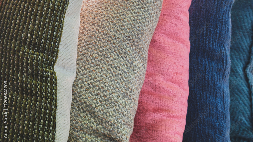 Aufkleber a row of pillows with different colors and textures. the pillows are arranged in a way that they are