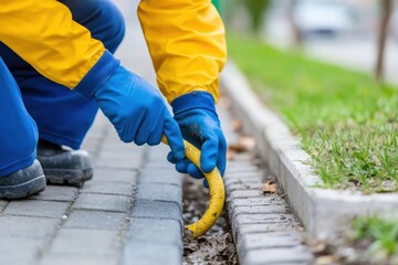 A person in a yellow jacket and blue gloves adjusts a garden hose near a paved walkway, surrounded by grass.