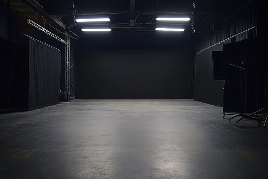 Dark Studio Room Empty Black Background Photography Film Production Space Modern Interior Design Clean Minimalist Blank Backdrop Professional Lighting Equipment