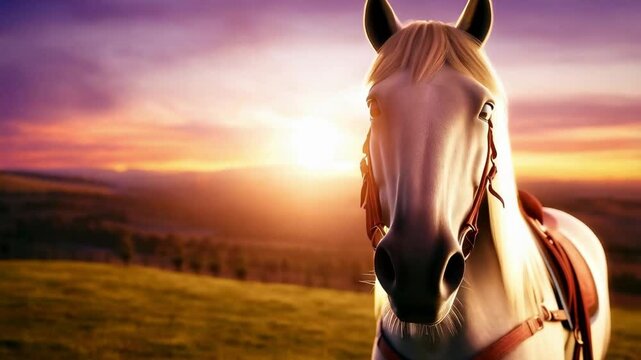 Horse Close-Up at sunset. The white horse with harness and bridle made of leather. Beautiful horse looking at the camera. The eyes, mane, muzzle, of the horse. Sun lens flare. slow motion