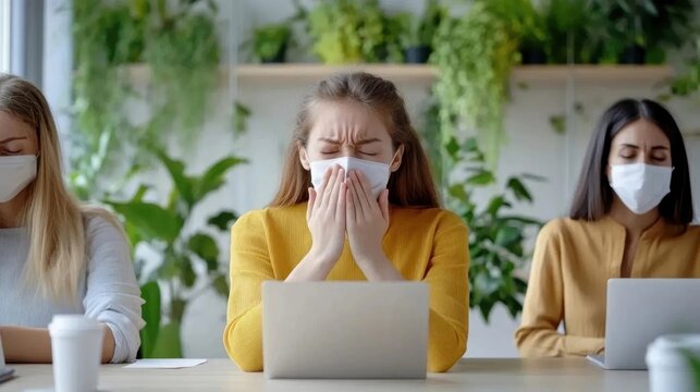 Three women wearing protective masks in an office, one sneezing, highlighting workplace health and pandemic safety measures.