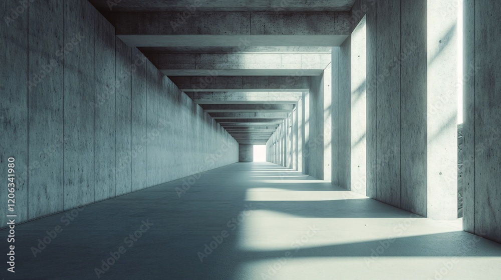 Poster empty concrete corridor with pillars and sunlight illuminating the floor