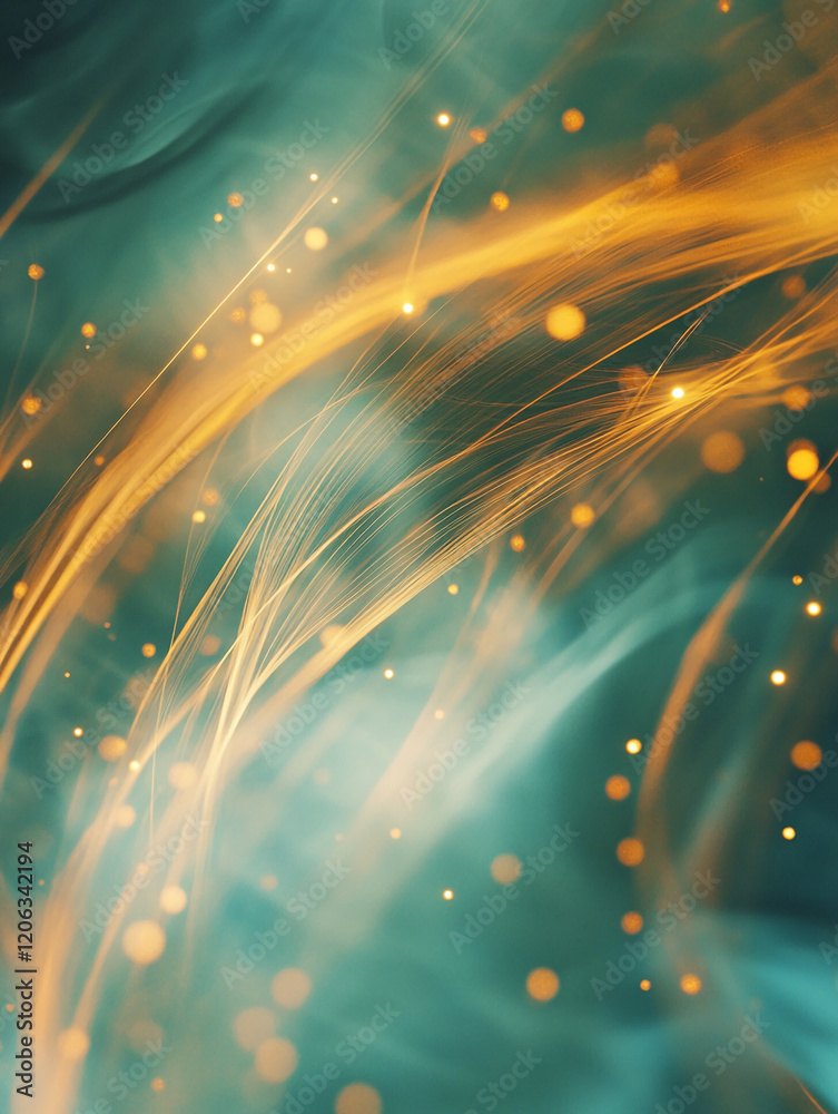 Poster Bright golden strands swirl gracefully through a teal backdrop, creating an ethereal and mesmerizing visual experience at dusk
