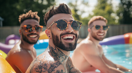 Diverse friends laughing and swimming in a pool with colorful inflatables