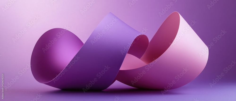 Sticker abstract 3d render of flowing purple and pink paper ribbon on a gradient background concept of fluid