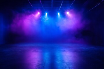 Fototapeta premium Dark Room Studio Stage Purple Blue Neon Lights Smoke Dramatic Empty Background Concert Party Design Grunge Texture Floor Lighting Abstract Digital Art 