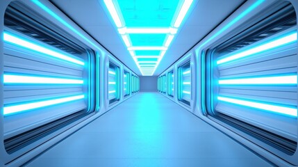 Obraz premium A futuristic corridor illuminated with blue LED lights, featuring sleek lines and a modern design, creating a high-tech ambiance.
