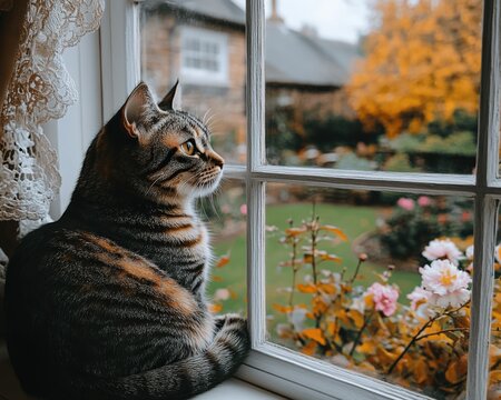 Adorable Tabby Cat Gazing Through Cozy Home Window at Vibrant Autumn Garden with Colorful Flowers â€“ Serene Domestic Fall Landscape and Pet Photography