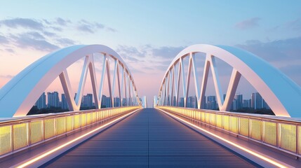 Fototapeta premium A modern bridge spans a tranquil scene, illuminated by warm lights against a twilight sky, connecting cityscapes in harmony.