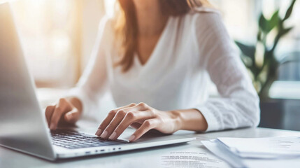 Woman working on laptop in bright workspace with greenery and natural light during day