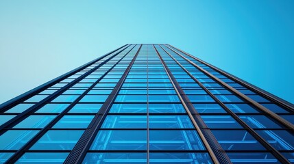 Obraz premium A modern skyscraper with glass windows, reaching towards a clear blue sky, showcasing contemporary architecture and urban design.