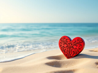 Fototapeta premium Red wooden heart on sandy beach with ocean waves and blue sky.