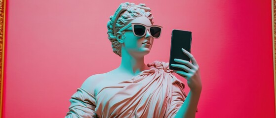 Modern Venus statue wearing sunglasses taking a selfie with smartphone on pink background Concept of technology, art, and pop culture