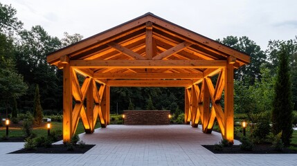 A beautifully designed wooden pavilion with warm lighting, showcasing elegant architecture amidst lush greenery.