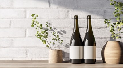 Two wine bottles with blank labels displayed on table with plants