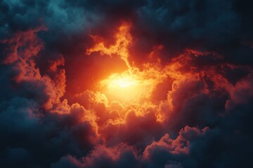 Ethereal sunset amidst dramatic clouds sky digital artwork atmospheric wide view nature's majesty