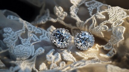Obraz premium Sparkling Diamond Earrings Resting on Delicate Lace