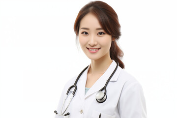 Smiling Asian Nurse in Professional Uniform with Stethoscope, Friendly and Caring Healthcare Worker, White Background, Ideal for Medical, Healthcare, and Wellness Concepts