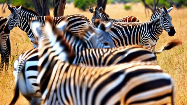 close up group of zebras standing and waving their tail akagera park.