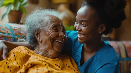 A home health care worker assists an elderly woman in her home	