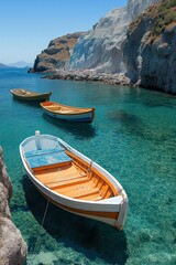 Obraz premium Colorful wooden boats float in crystal clear waters near rocky cliffs on a sunny day