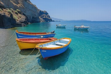 Naklejka premium Colorful fishing boats anchored near a serene beach under a clear blue sky