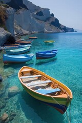 Obraz premium Colorful boats anchored in crystal clear waters near rocky cliffs in a serene coastal setting