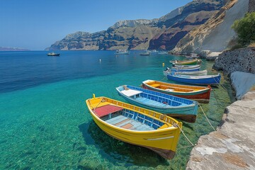 Obraz premium Colorful traditional boats anchored in crystal-clear waters of Santorini island during a sunny day