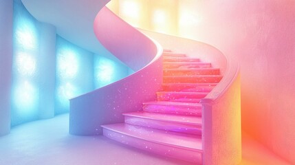 A stunning spiral staircase bathed in vibrant hues of pink and blue, showcasing a dynamic blend of light and color in a creative architectural design.