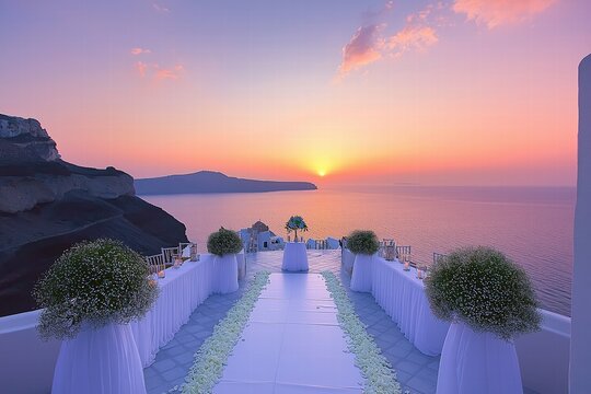 Beautiful sunset wedding ceremony setup on a cliff overlooking the ocean in Santorini - Powered by Adobe