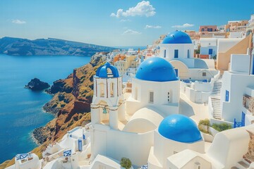 Obraz premium Stunning coastal view of Santorini's iconic blue domes and white buildings under a clear sky