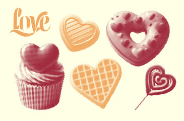 romantic heart sweets and treats, set of retro halftone effect Valentines Day elements