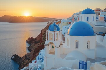 Fototapeta premium Beautiful sunset over white buildings with blue domes in Santorini, Greece, creating a stunning coastal view