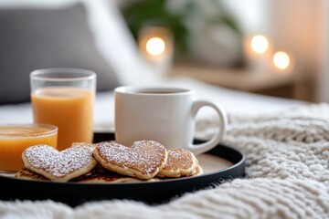 A cozy breakfast scene with heart-shaped pancakes, orange juice, and coffee, placed on a stylish tray amidst a warm and inviting environment perfect for loved ones.