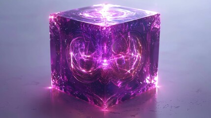 A stunning 3D purple cube with swirling cosmic patterns, radiating vibrant energy and light effects, showcasing modern artistic design.